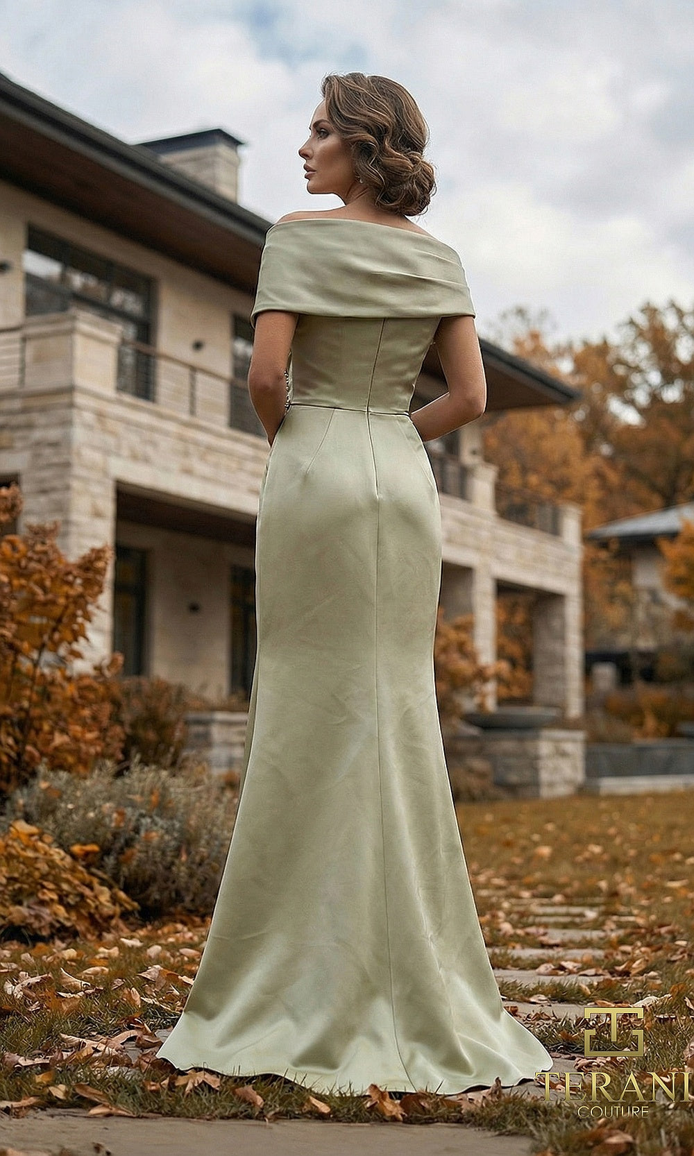 Terani Couture 262M7278 Sage mother of the bride dress back view with off-shoulder folded, satin fitted column with sweep, formal wedding celebration dress