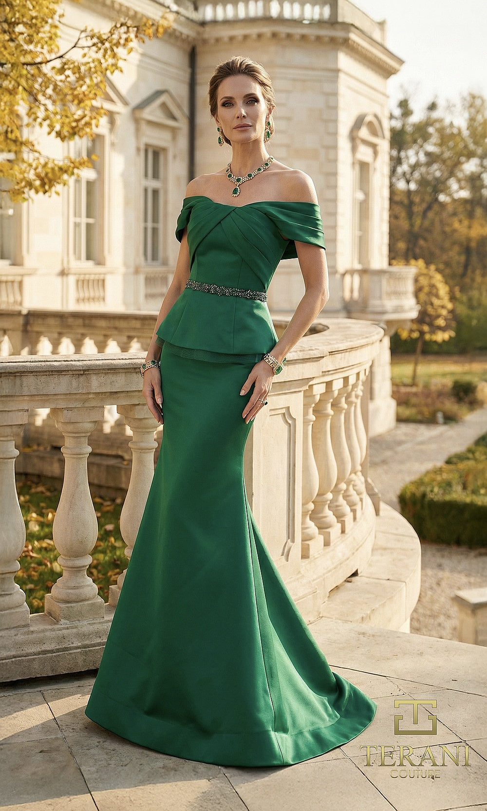 Terani Couture 262M7279 Hunter mother of the bride dress front view with off-shoulder pleated neckline, beaded belt, crepe peplum mermaid, mother of the bride styling