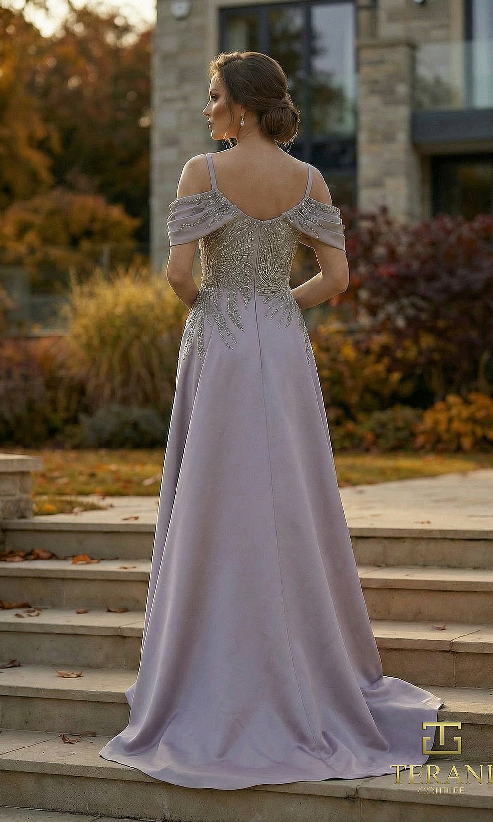 Terani Couture 262M7286 Heather mother of the bride dress back view with cold-shoulder strappy back, beaded bodice, satin overskirt with train, formal wedding celebration dress