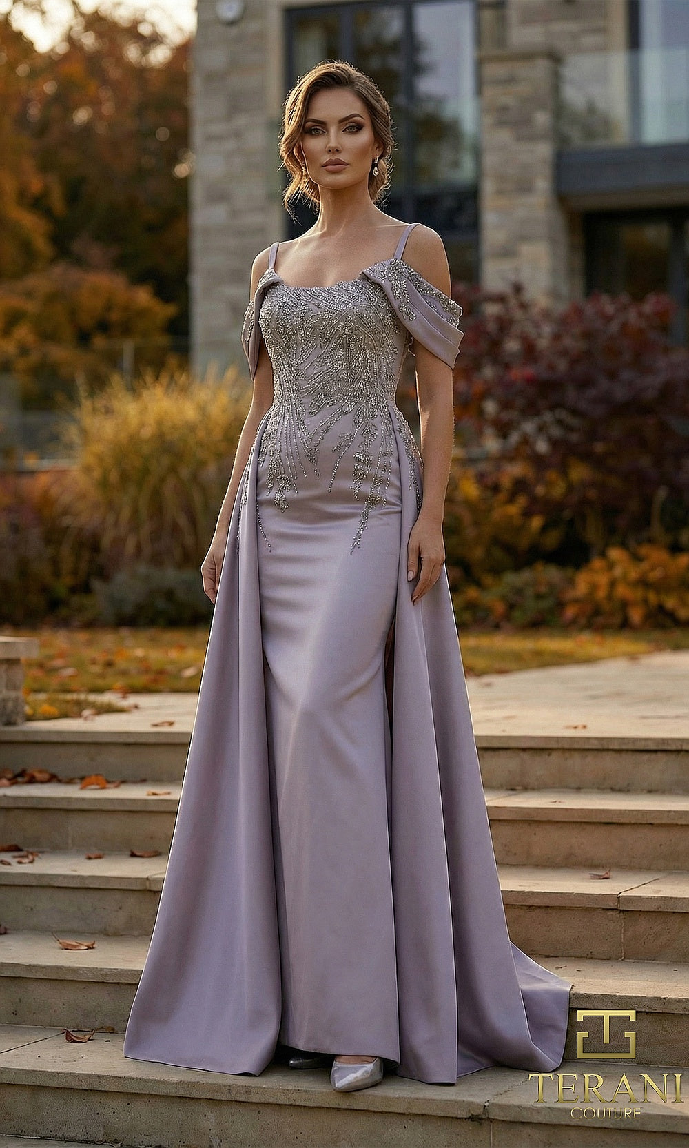 Terani Couture 262M7286 Heather mother of the bride dress front view with off-shoulder straps, beaded bodice, satin column with overskirt, mother of the bride styling