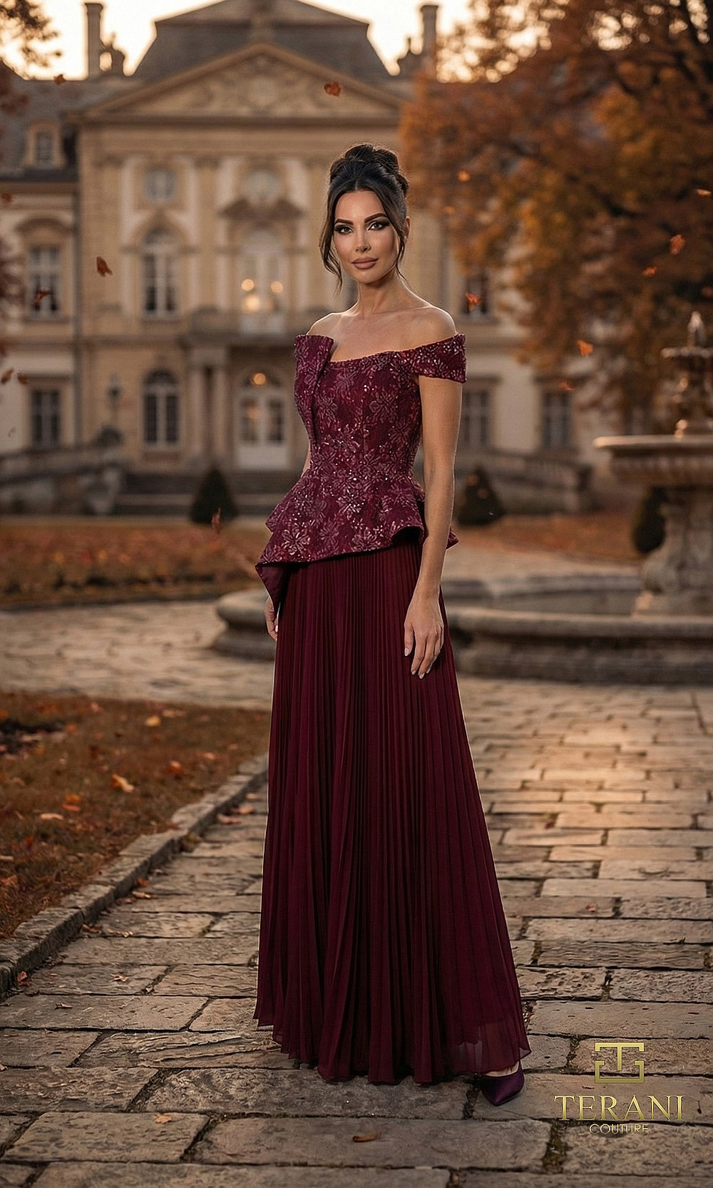 Terani Couture 262M7287 Wine mother of the bride dress front view with off-shoulder sequin lace peplum bodice, pleated chiffon A-line skirt, mother of the bride styling