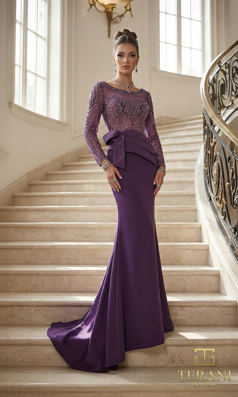 Terani Couture 262M7293 Plum mother of the bride dress front view with jewel neckline, sheer long-sleeve beaded lace bodice, crepe peplum mermaid, mother of the bride styling