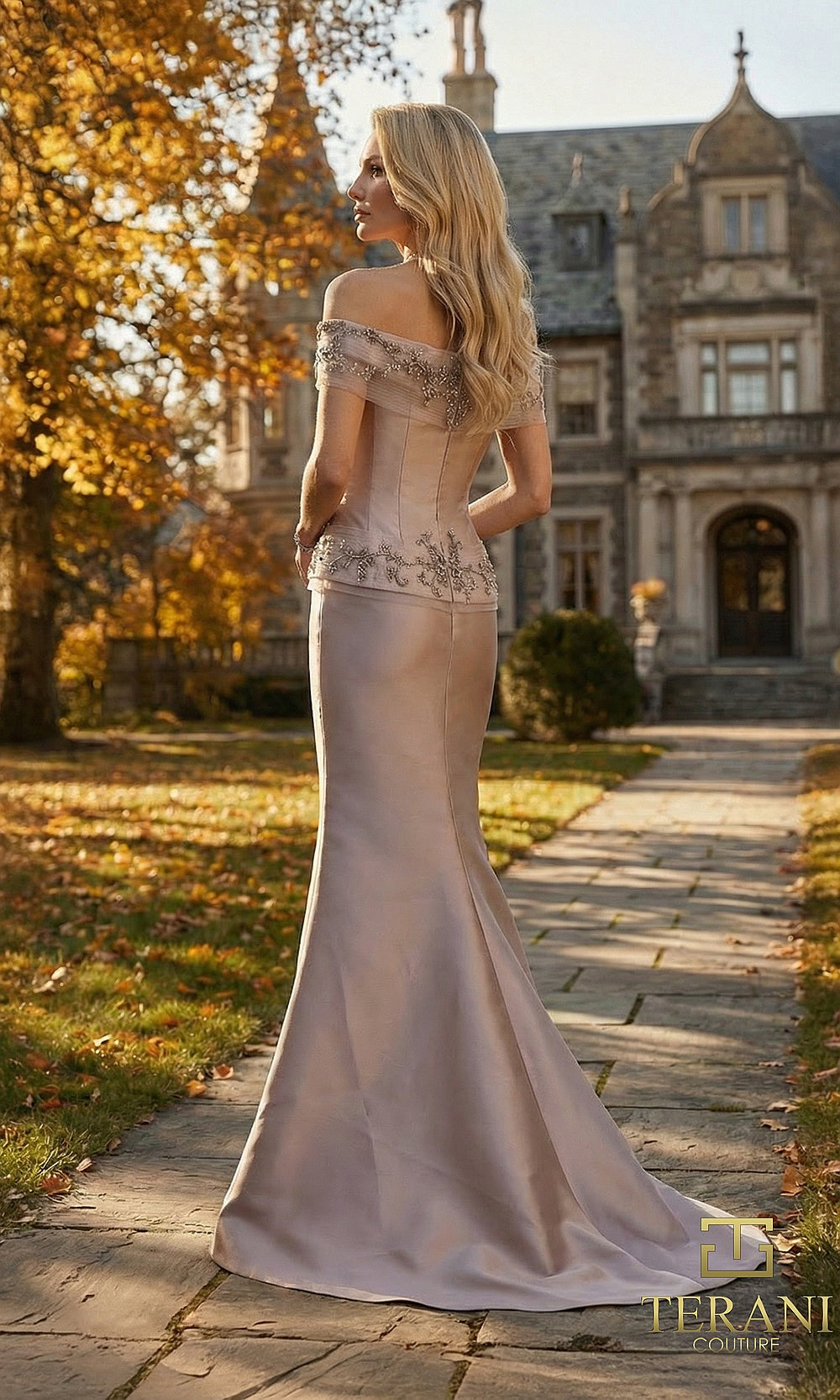 Terani Couture 262M7297 Mink mother of the bride dress back view with off-shoulder beaded bodice, satin mermaid, formal wedding celebration dress
