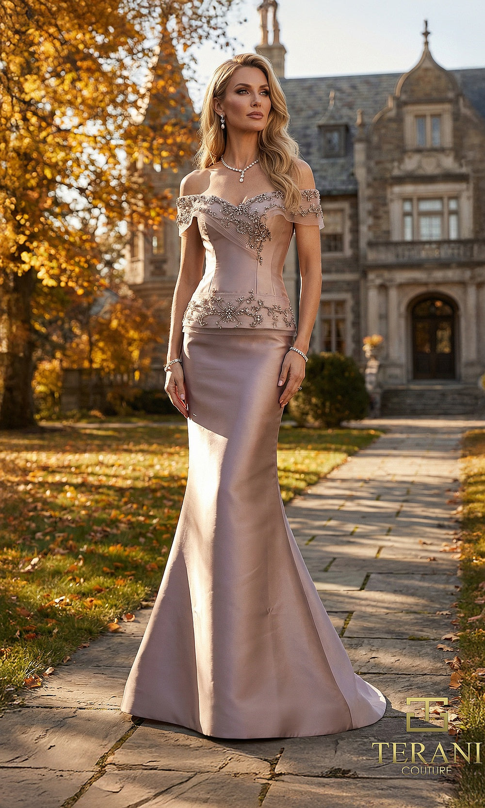 Terani Couture 262M7297 Mink mother of the bride dress front view with off-shoulder beaded embroidered corset bodice, satin fitted mermaid, mother of the bride styling