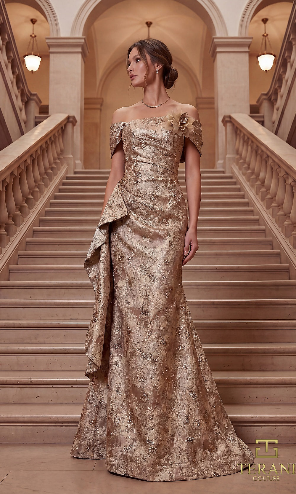 Terani Couture 262M7298 Cava mother of the bride dress front view with off-shoulder folded neckline, draped metallic brocade fitted mermaid with side cascade, mother of the bride styling