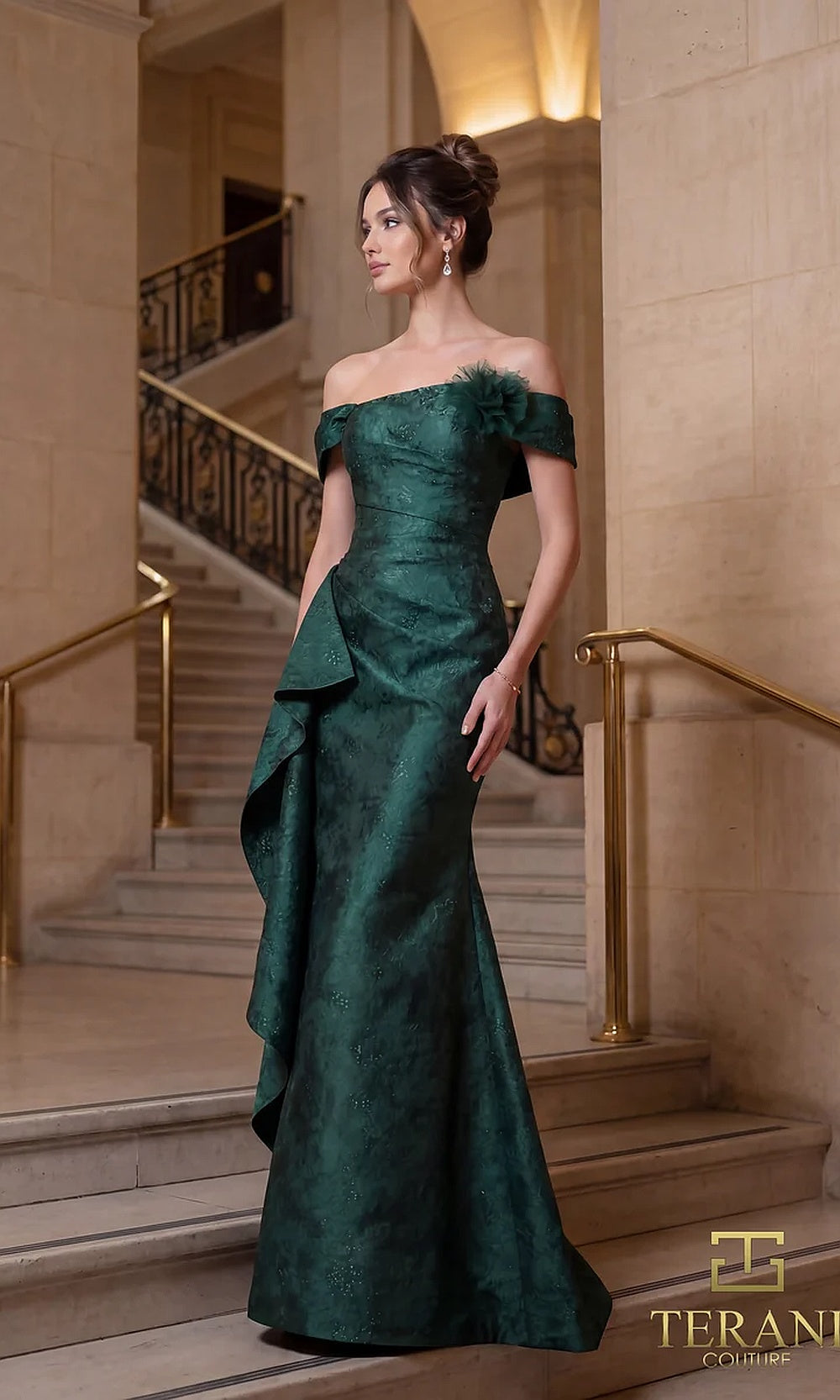 Terani Couture 262M7298 Evergreen mother of the bride dress front view with off-shoulder folded neckline, draped jacquard fitted mermaid with side cascade, mother of the bride styling