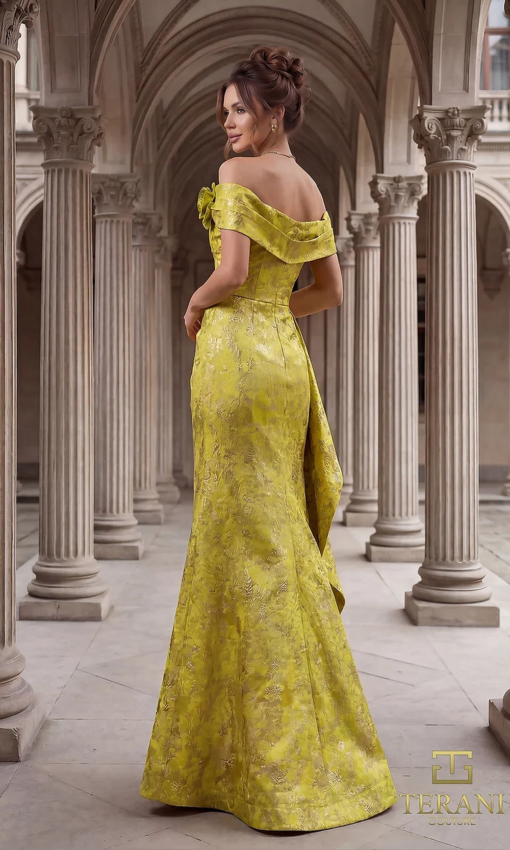 Terani Couture 262M7298 Lemon mother of the bride dress back view with off-shoulder folded neckline, brocade mermaid with cascading side drape, formal wedding celebration dress