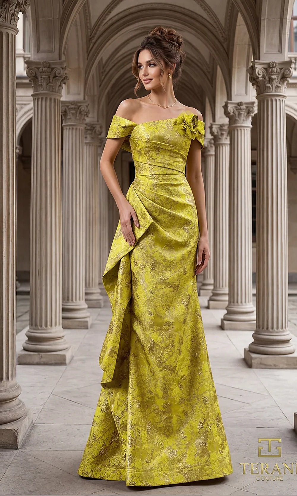 Terani Couture 262M7298 Lemon mother of the bride dress front view with off-shoulder folded neckline with rosette, draped brocade fitted mermaid with side cascade, mother of the bride styling