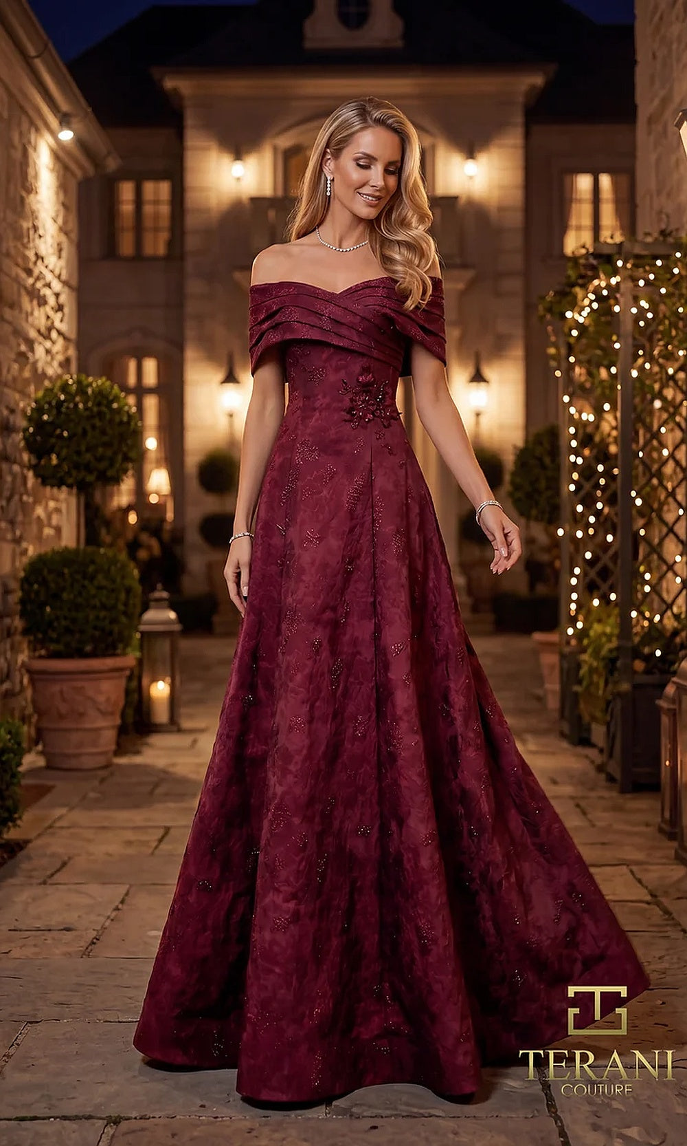 Terani Couture 262M7299 Merlot mother of the bride dress front view with off-shoulder folded portrait neckline, textured jacquard full A-line gown, mother of the bride styling