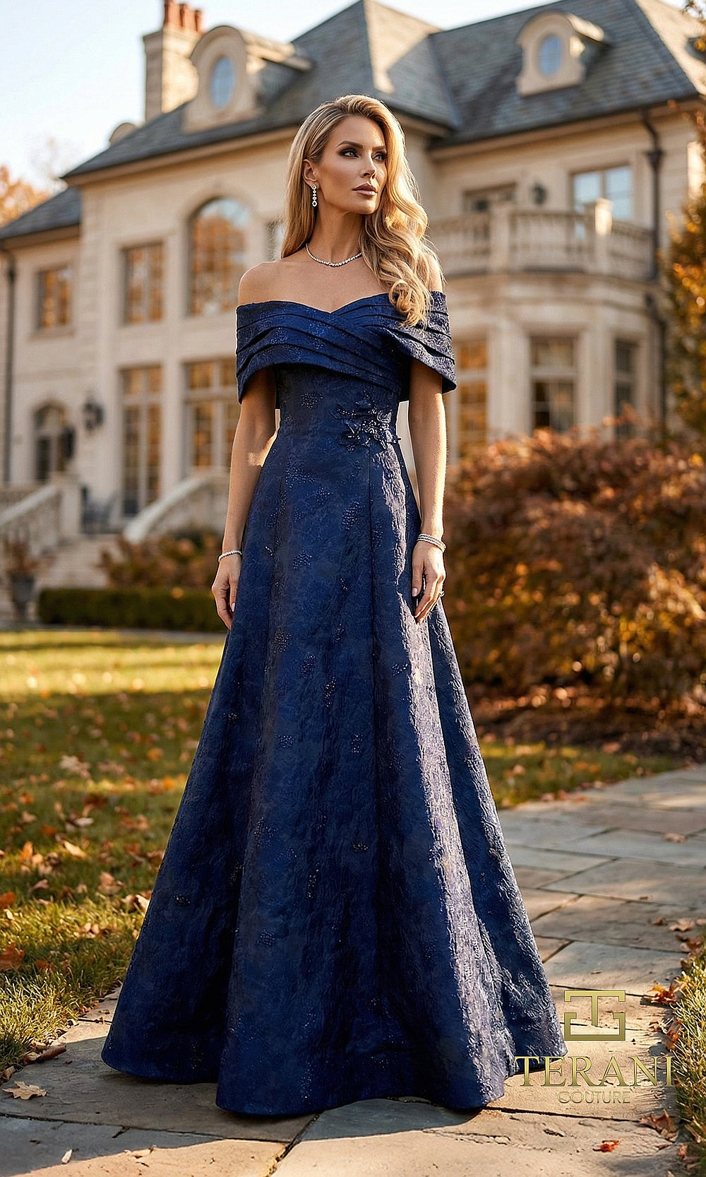 Terani Couture 262M7299 Midnight mother of the bride dress front view with off-shoulder folded portrait neckline, textured jacquard full A-line gown, mother of the bride styling