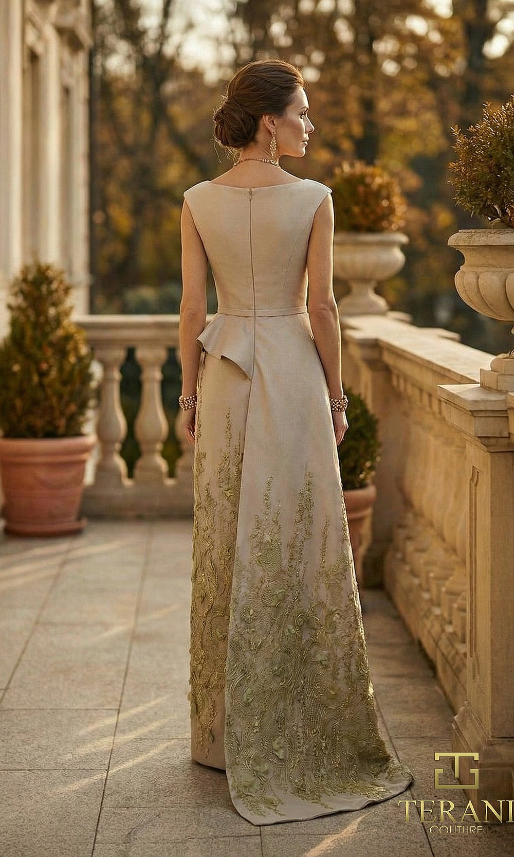 Terani Couture 262M7305 Sage mother of the bride dress back view with sleeveless peplum, embroidered column with overskirt, formal wedding celebration dress