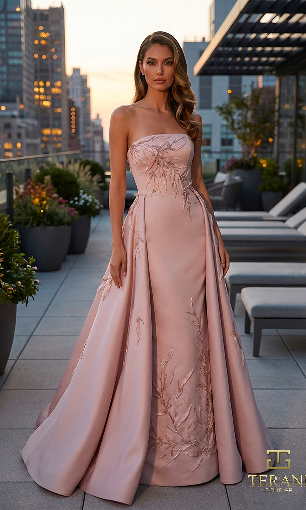 Terani Couture 262M7306 Dusty Blush mother of the bride dress front view with strapless straight neckline, embroidered floral mikado column with open-front overskirt, mother of the bride styling