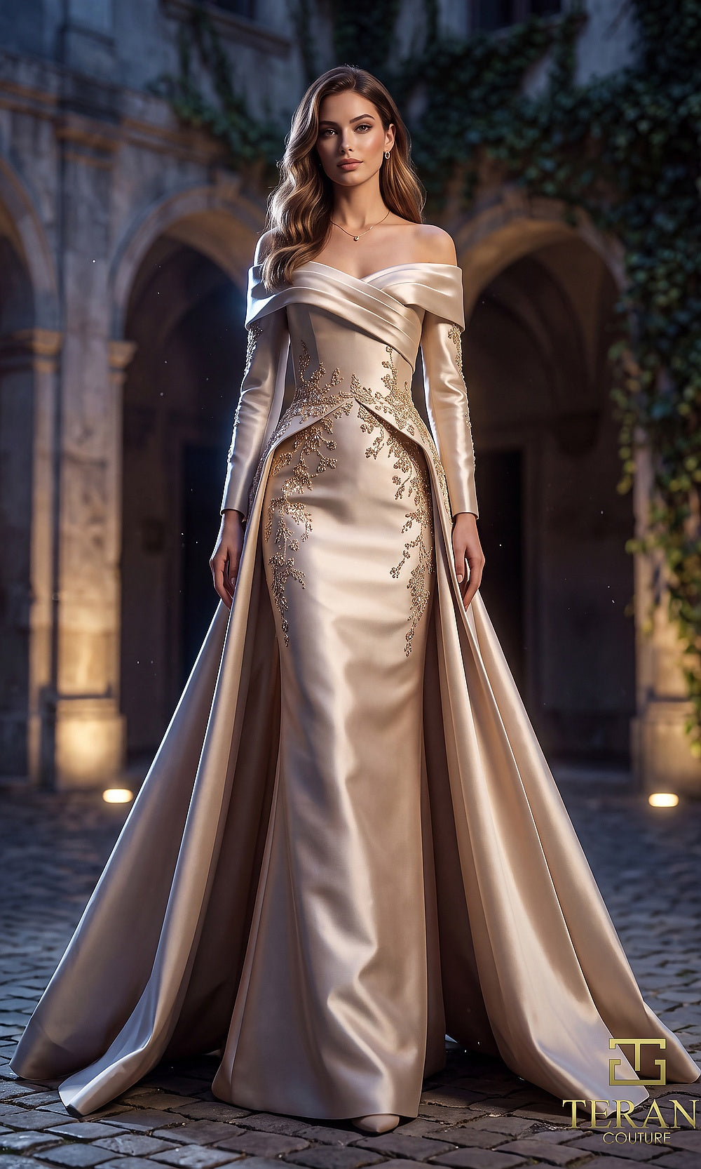 Terani Couture 262M7315 Champagne mother of the bride dress front view with off-shoulder folded portrait collar, long-sleeve beaded bodice, satin column with open overskirt, mother of the bride styling