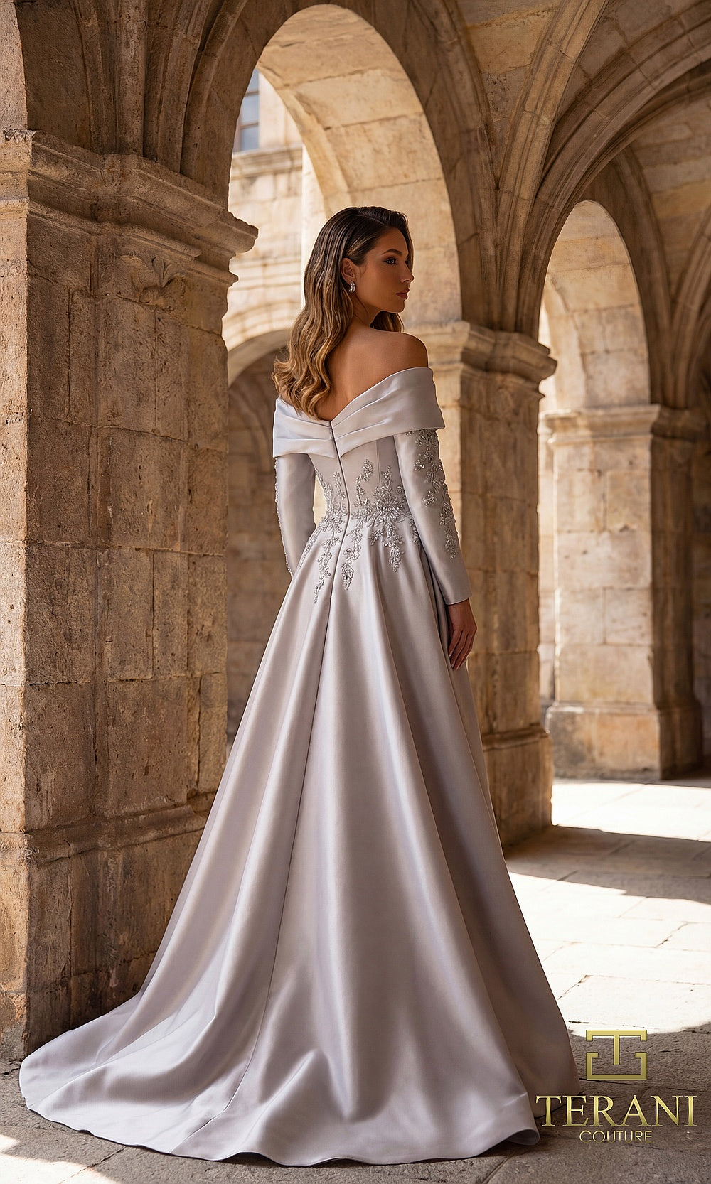 Terani Couture 262M7315 Silver Taupe mother of the bride dress back view with off-shoulder folded collar, long-sleeve satin A-line ballgown, formal wedding celebration dress
