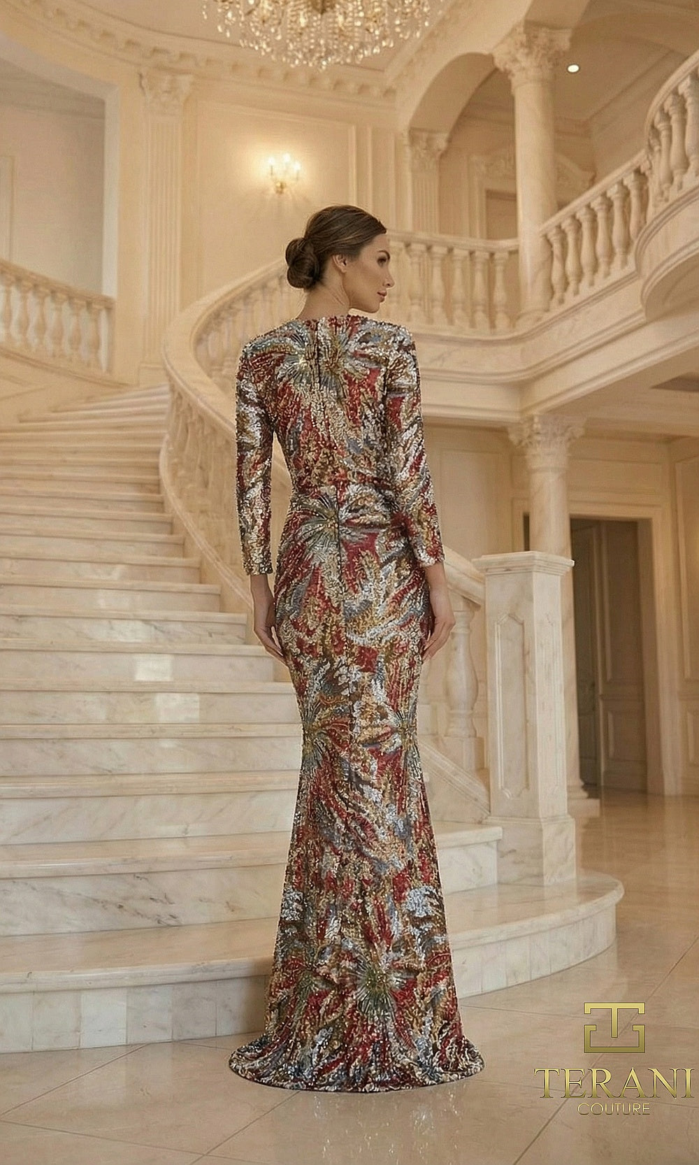 Terani Couture 262M7320 Multi mother of the bride dress back view with long-sleeve multicolor sequin mermaid, formal wedding celebration dress