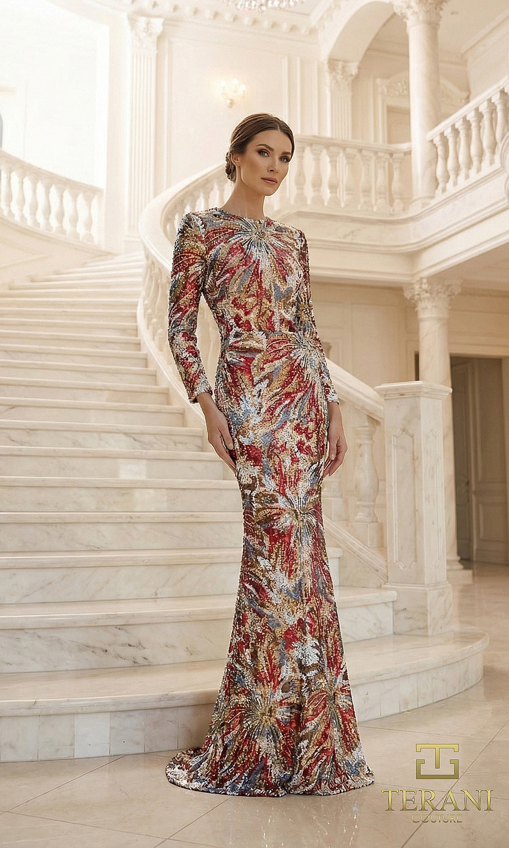 Terani Couture 262M7320 Multi mother of the bride dress front view with jewel neckline, long-sleeve multicolor sequin embroidered fitted mermaid, mother of the bride styling