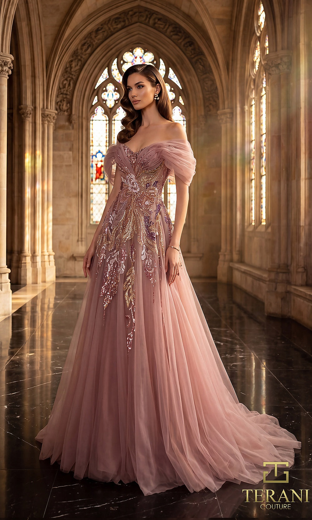 Terani Couture 262M7322 Rose Blush mother of the bride dress alternate view with off-shoulder tulle, floral sequin embroidery cascading down tulle A-line, alternate setting, mother of the bride styling