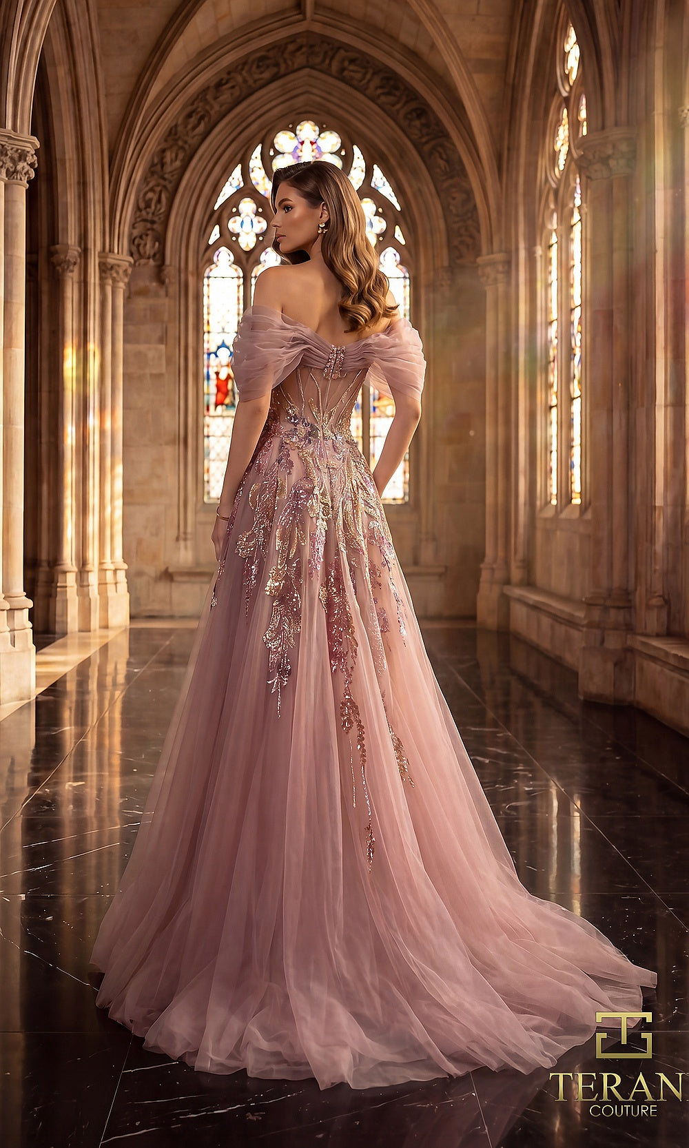 Terani Couture 262M7322 Rose Blush mother of the bride dress alternate view with off-shoulder embroidered tulle A-line, alternate setting, formal wedding celebration dress