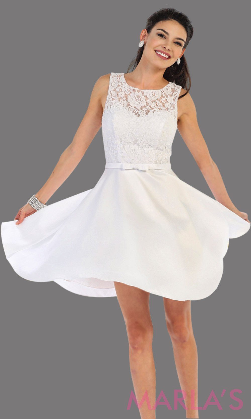 Short simple semi formal white dress with lace bodice and satin skirt. White dress is perfect for grade 8 grad, graduation, short prom, damas quinceanera, confirmation. Available in plus sizes.grade 8 grad dresses, graduation dresses