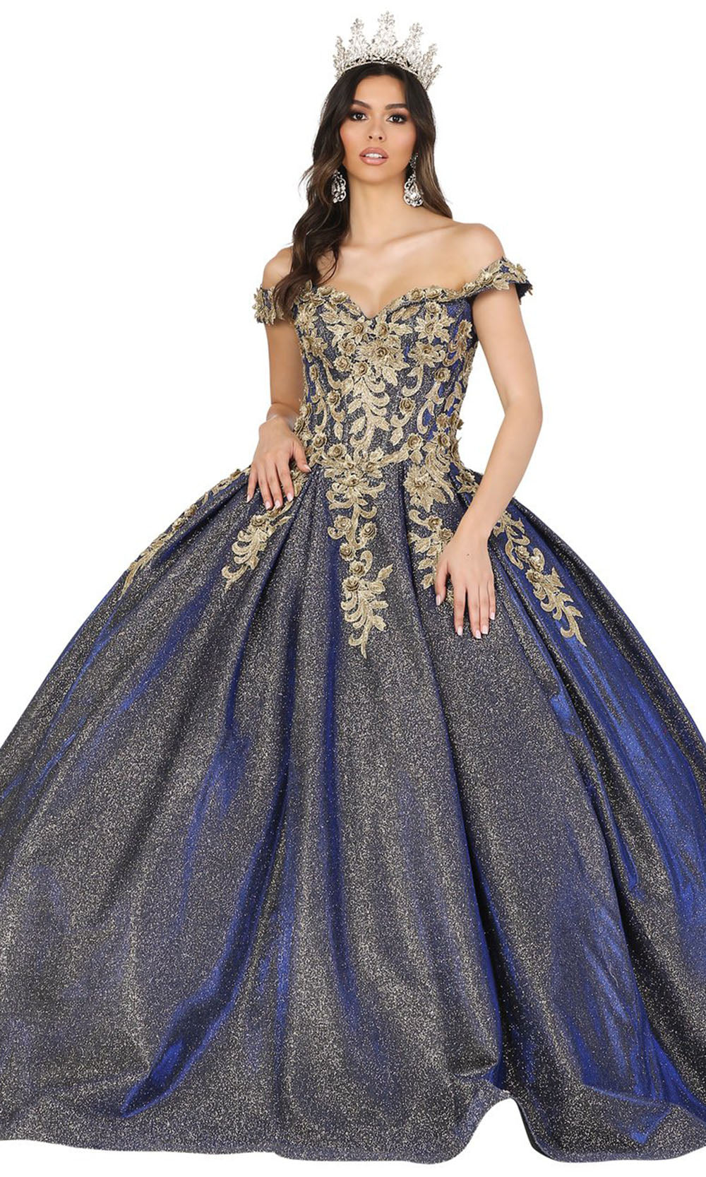 Dancing Queen - 1504 Embroidered Off Shoulder Pleated Ballgown In Blue