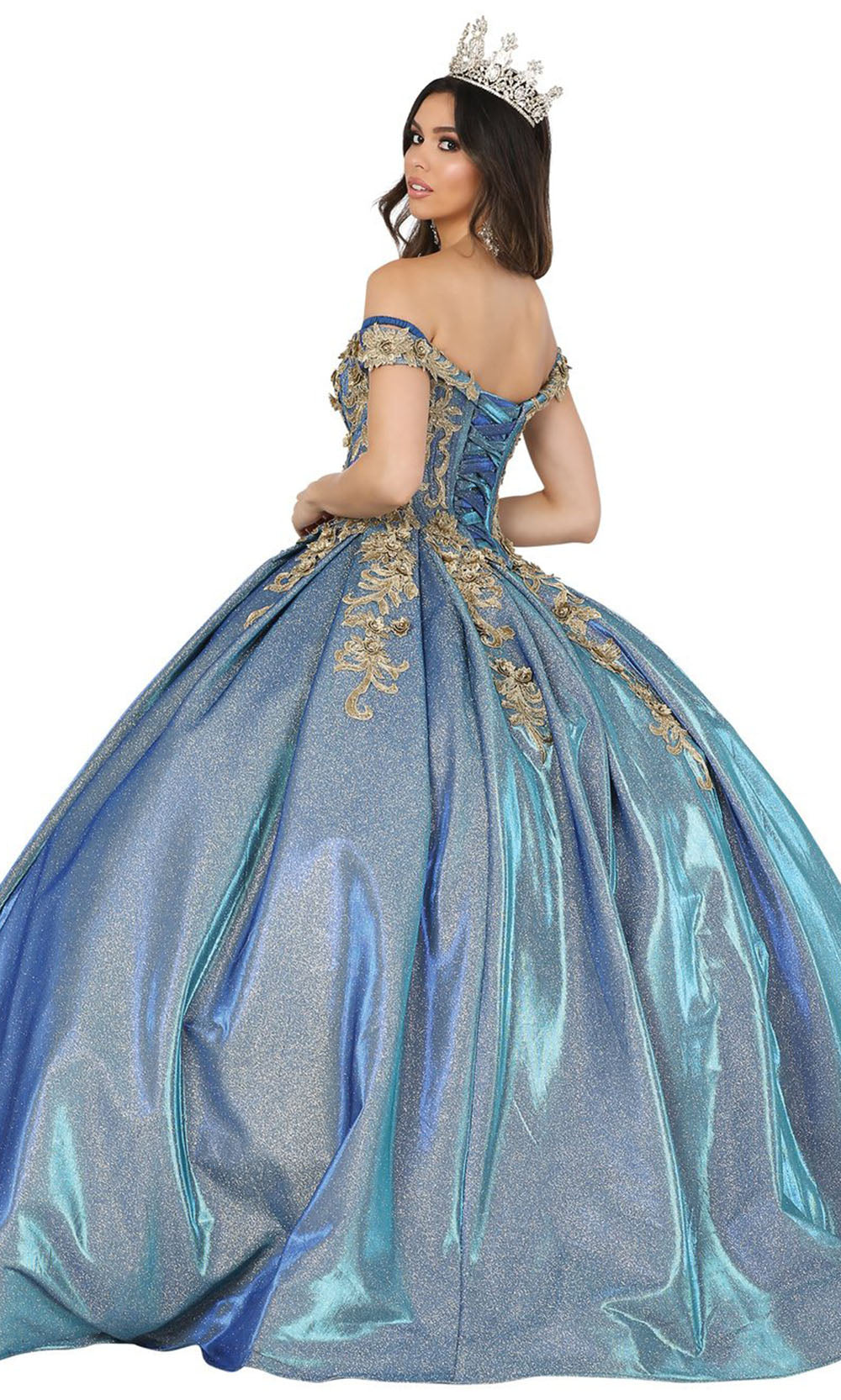 Dancing Queen - 1504 Embroidered Off Shoulder Pleated Ballgown In Blue