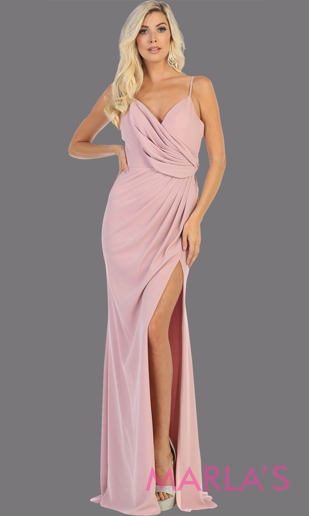 Long sleek & sexy mauve evening dress with high slit & v neck dress from mayqueen. This pink fitted evening tight fitted gown with high slit is perfect for prom, wedding guest dress, guest for prom, formal party, gala, black tie party.jpg