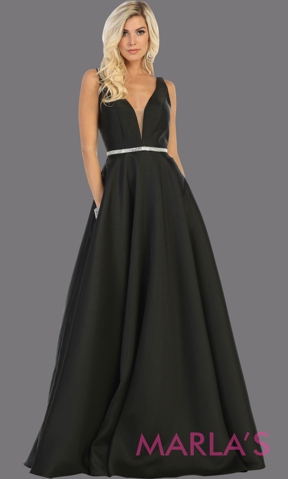 Long simple v neck black semi ballgown with pockets. This black flowy gown from mayqueen is perfect for prom, black tie event, engagement dress, formal party dress, plus size wedding guest dresses, bridesmaid, indowestern party dress