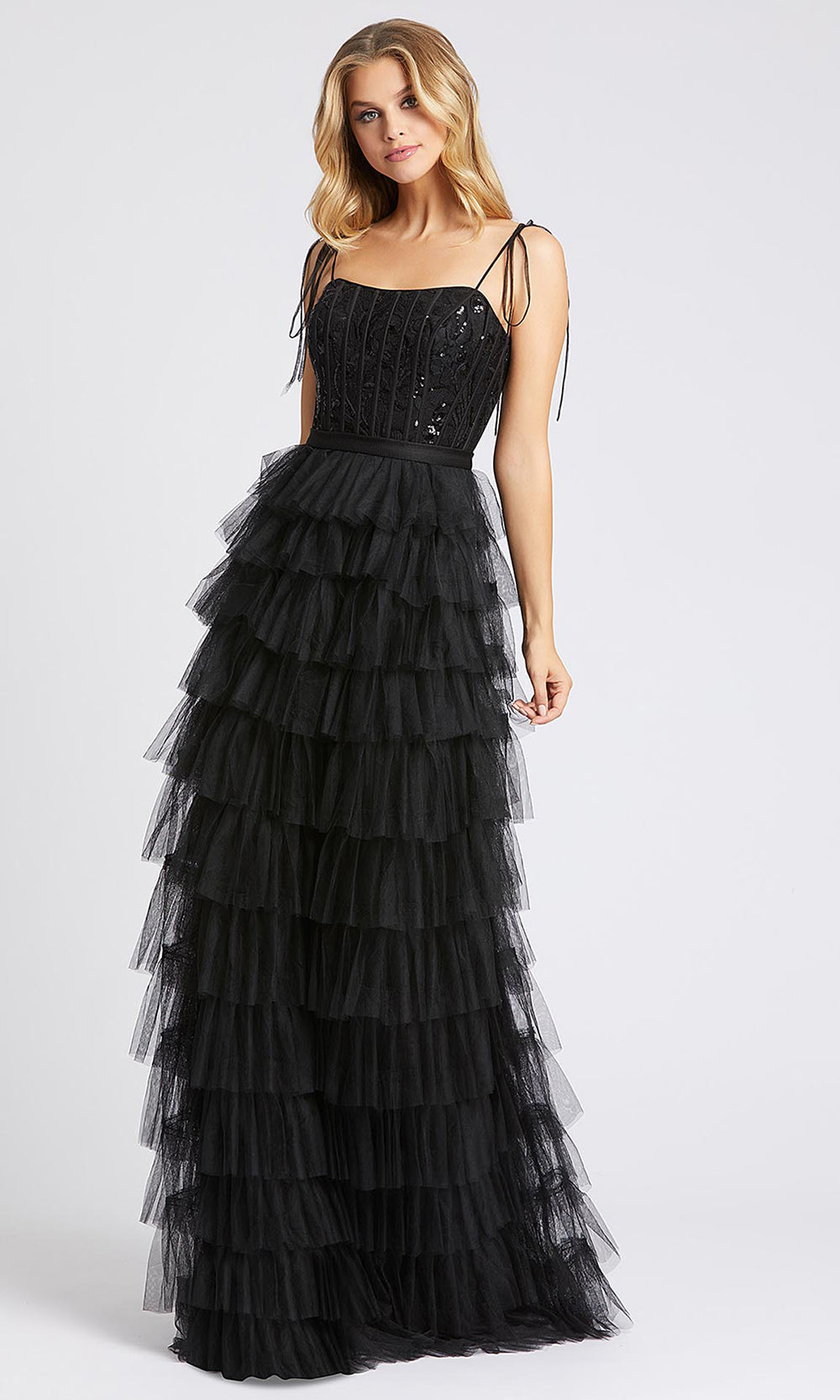 Mac Duggal - 26281I Sequined Bodice Tiered A-Line Dress In Black