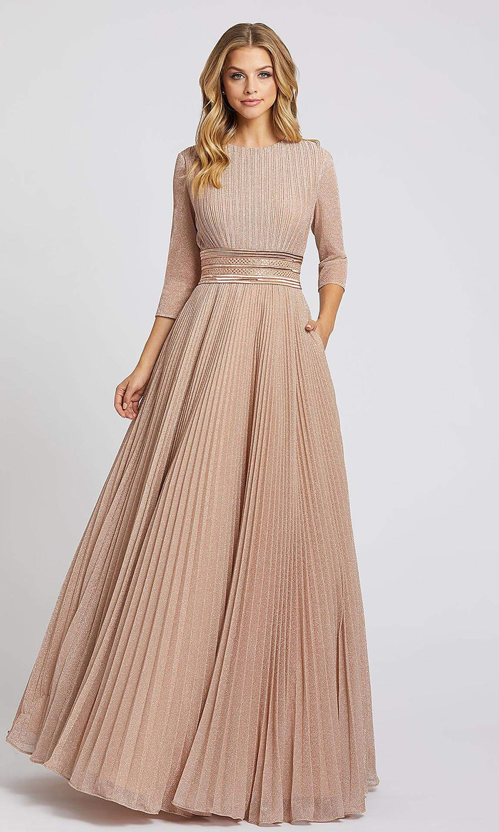 mac duggal rose gold dress - Shimmering Pleated A-Line 3/4 Sleeve Gown global-rixo_exclusive-All Channels