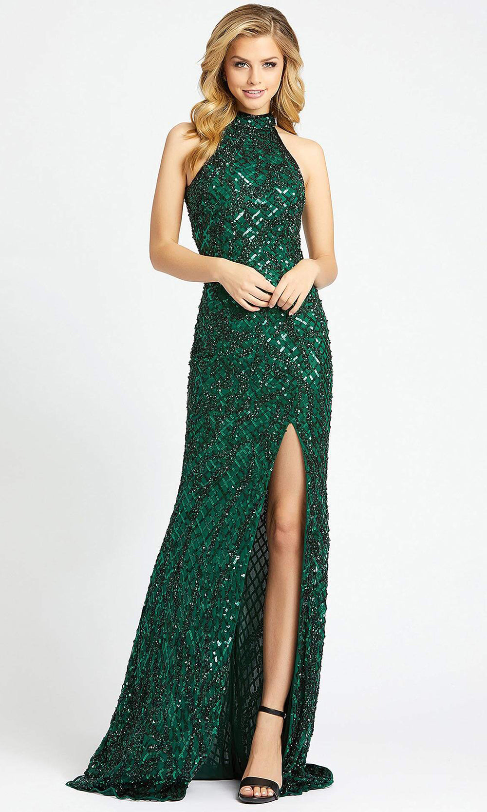 Mac Duggal - 4112L High Neck Sequined Fitted Evening Dress In Green
