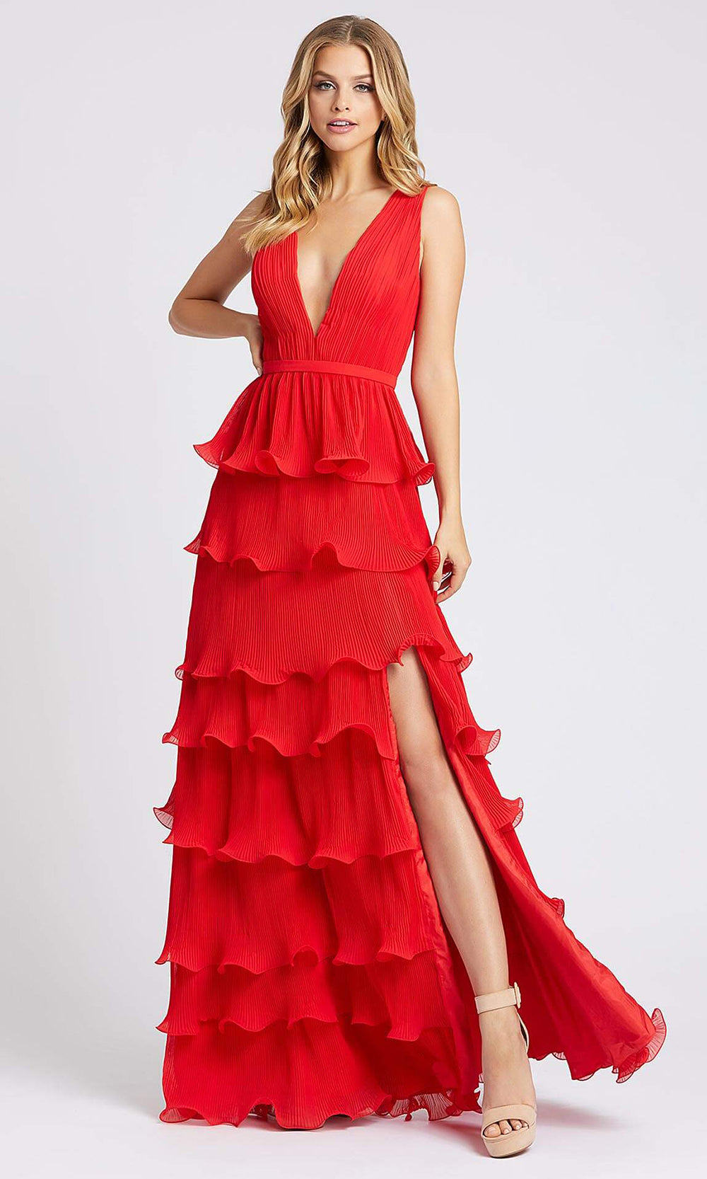 Mac Duggal - 49054I Sleeveless Tiered High Slit A-Line Dress In Red