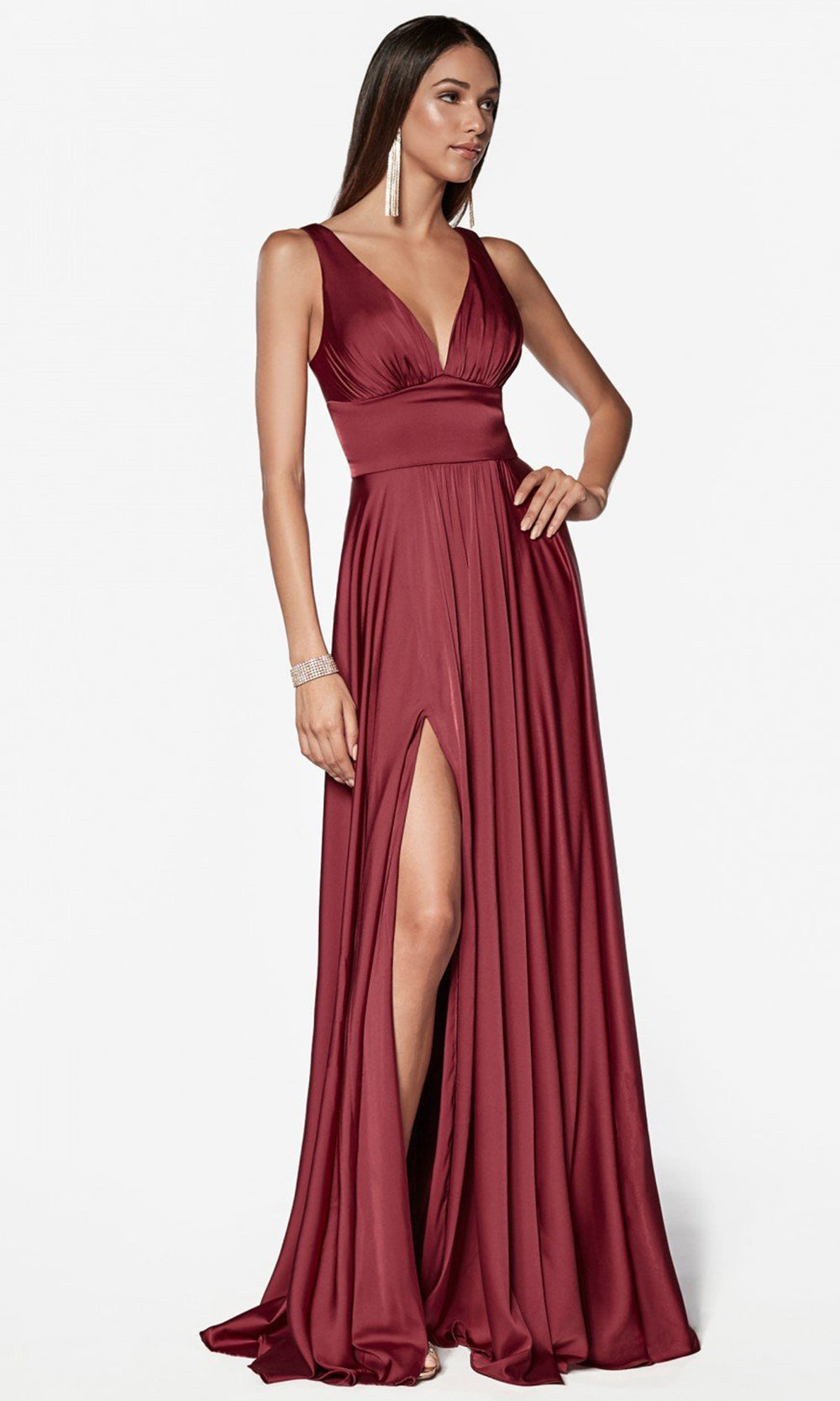 Ladivine - 7469 V Neck Satin A-Line Dress In Burgundy