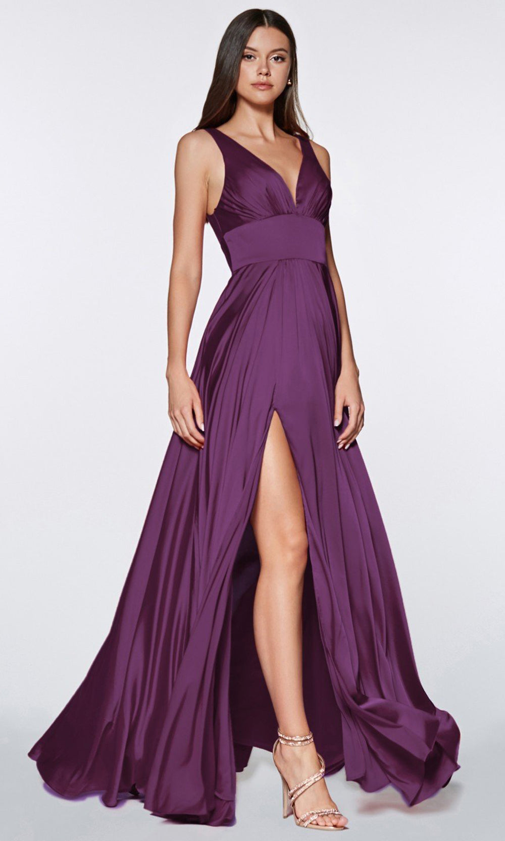 Ladivine - 7469 V Neck Satin A-Line Dress In Purple