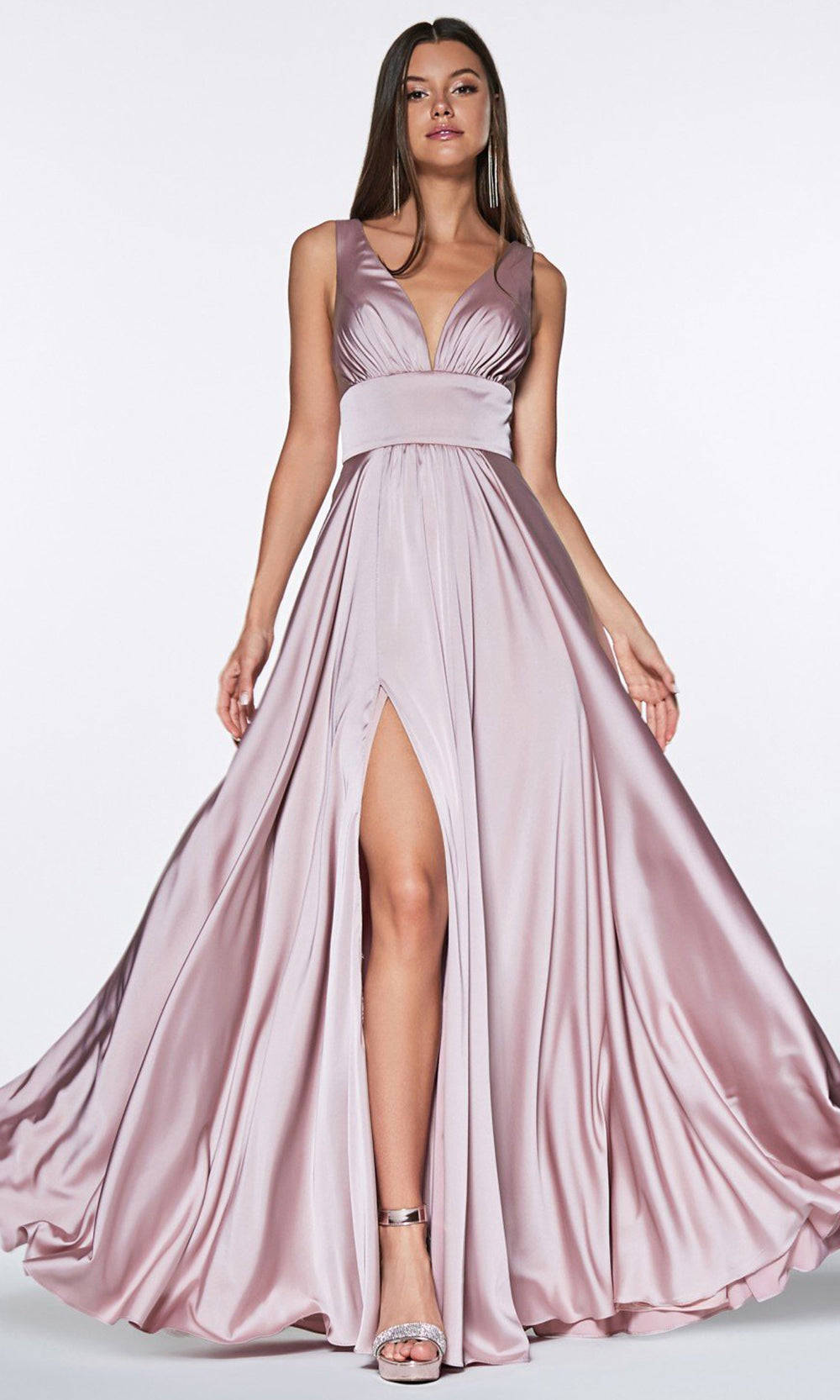 Ladivine - 7469 V Neck Satin A-Line Dress In Pink
