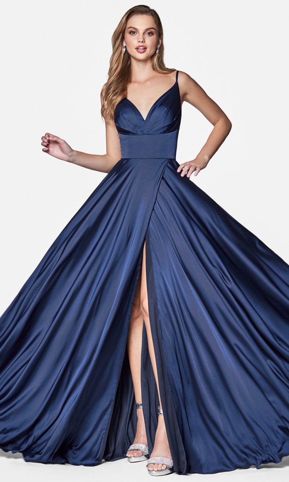 Ladivine - 7472 High Wrap Slit Satin Gown in Blue