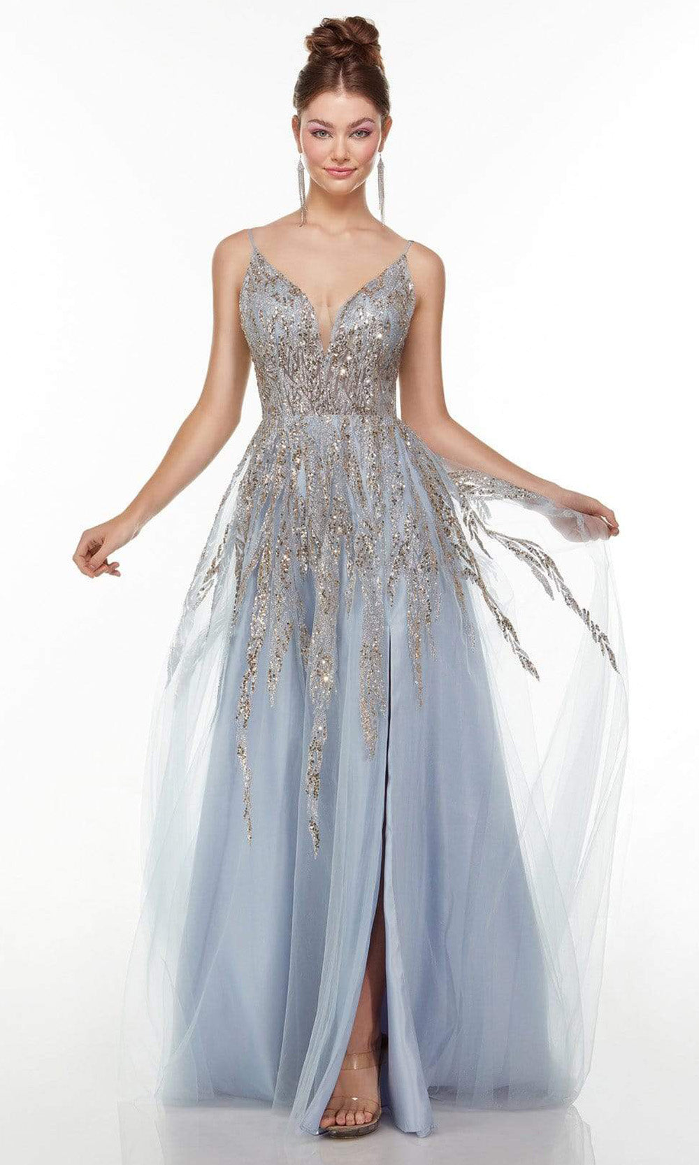 Alyce Paris - 61070 Metallic Beaded High Slit Gown In Blue