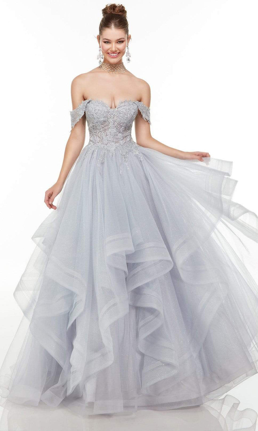 Alyce Paris - 61095 Appliqued Off Shoulder A-Line Gown In Silver