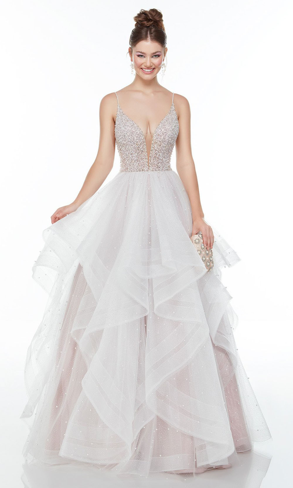 Alyce Paris - 61107 Organza Beaded A-Line Dress In White and Neutral