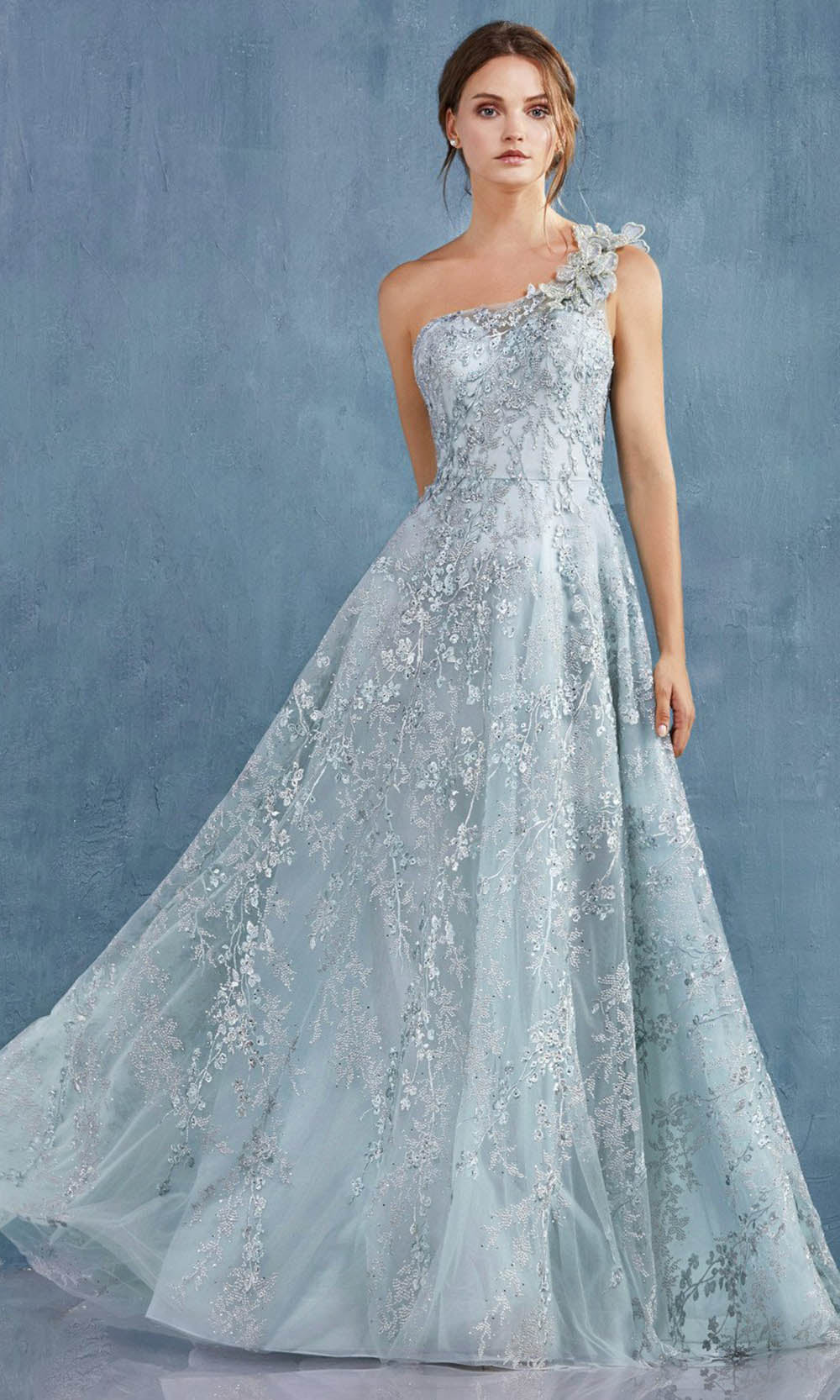 Andrea and Leo - A0989 One Shoulder Embroidered Dress In Blue