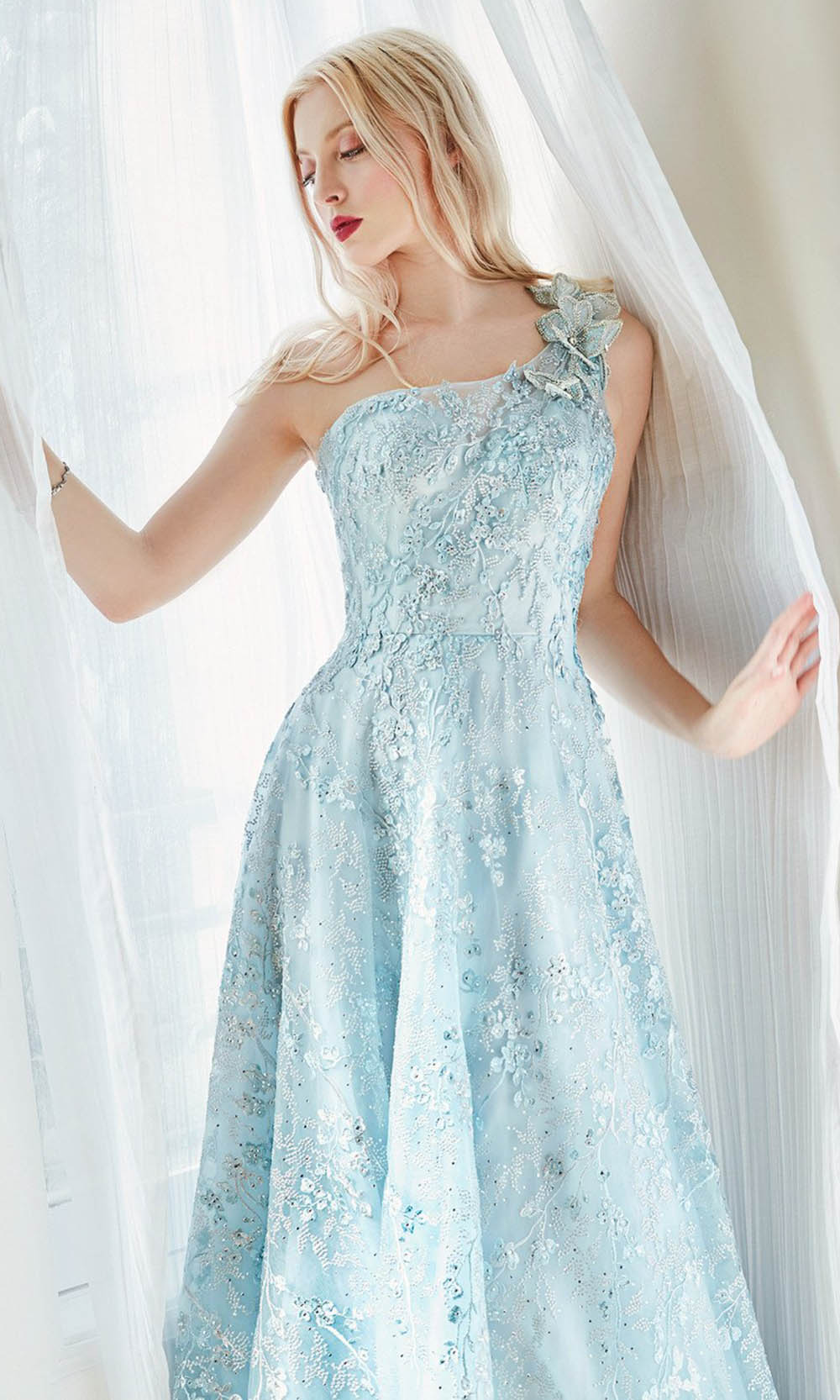 Andrea and Leo - A0989 One Shoulder Embroidered Dress In Blue