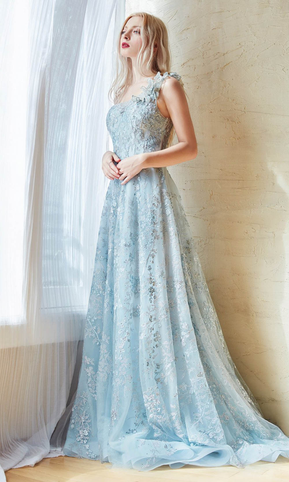 Andrea and Leo - A0989 One Shoulder Embroidered Dress In Blue