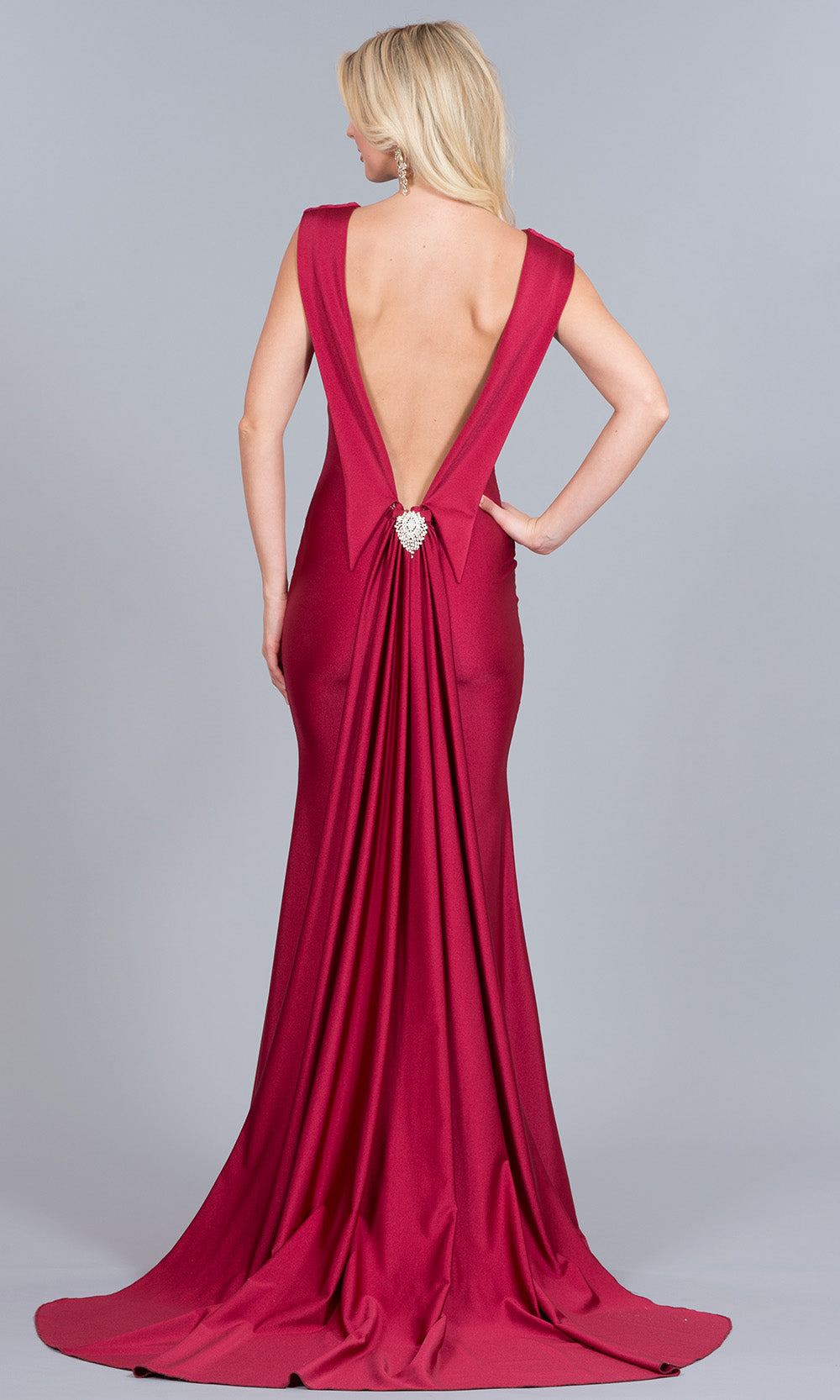 Atria - 5927H Brooch-Accented Back Gown In Red