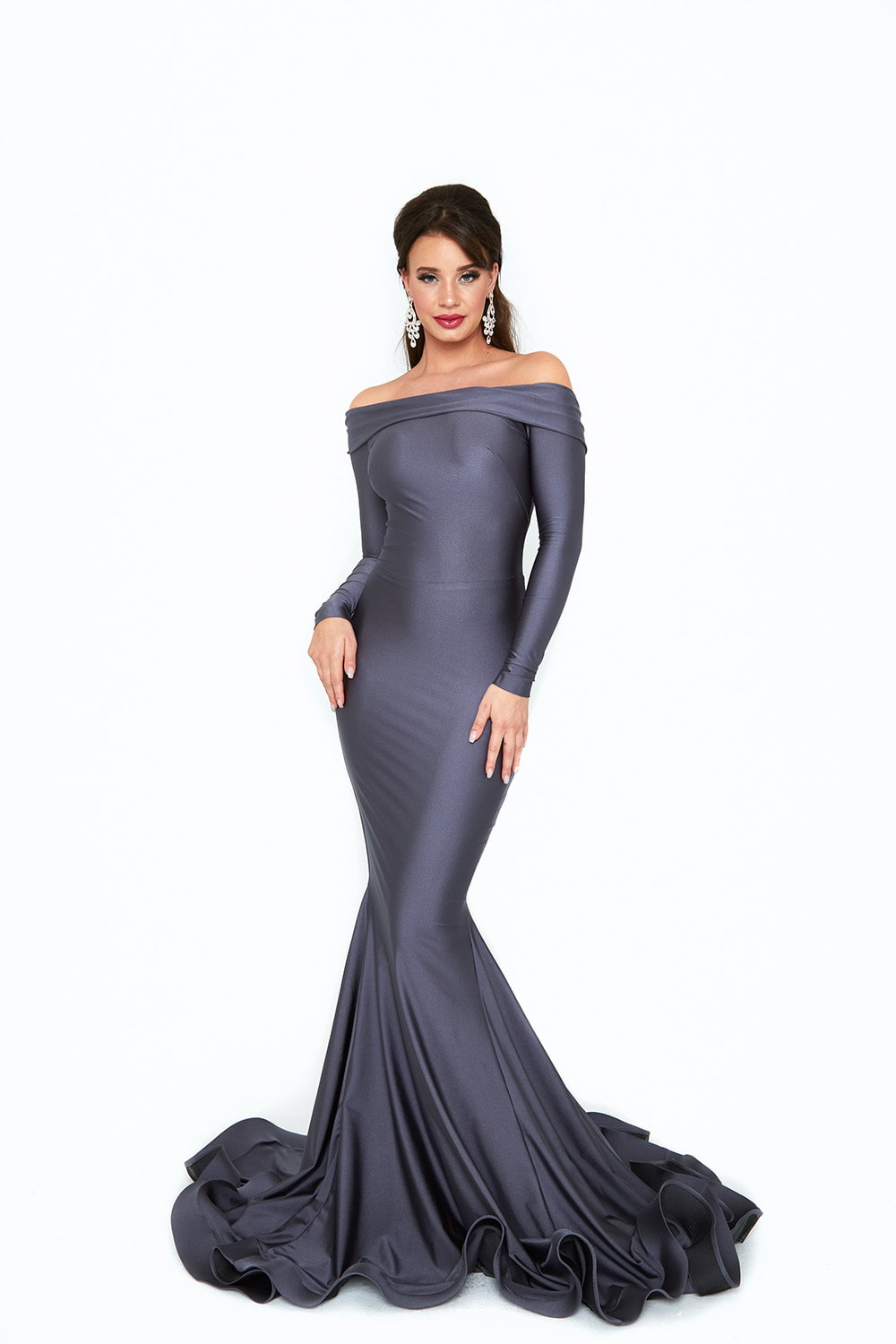 Atria - 6509H Off Shoulder Mermaid Long Gown In Gray