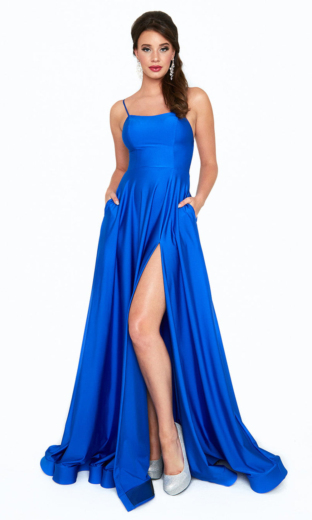 Atria - 6521H Sleeveless A-Line Slit Flowy Gown In Blue