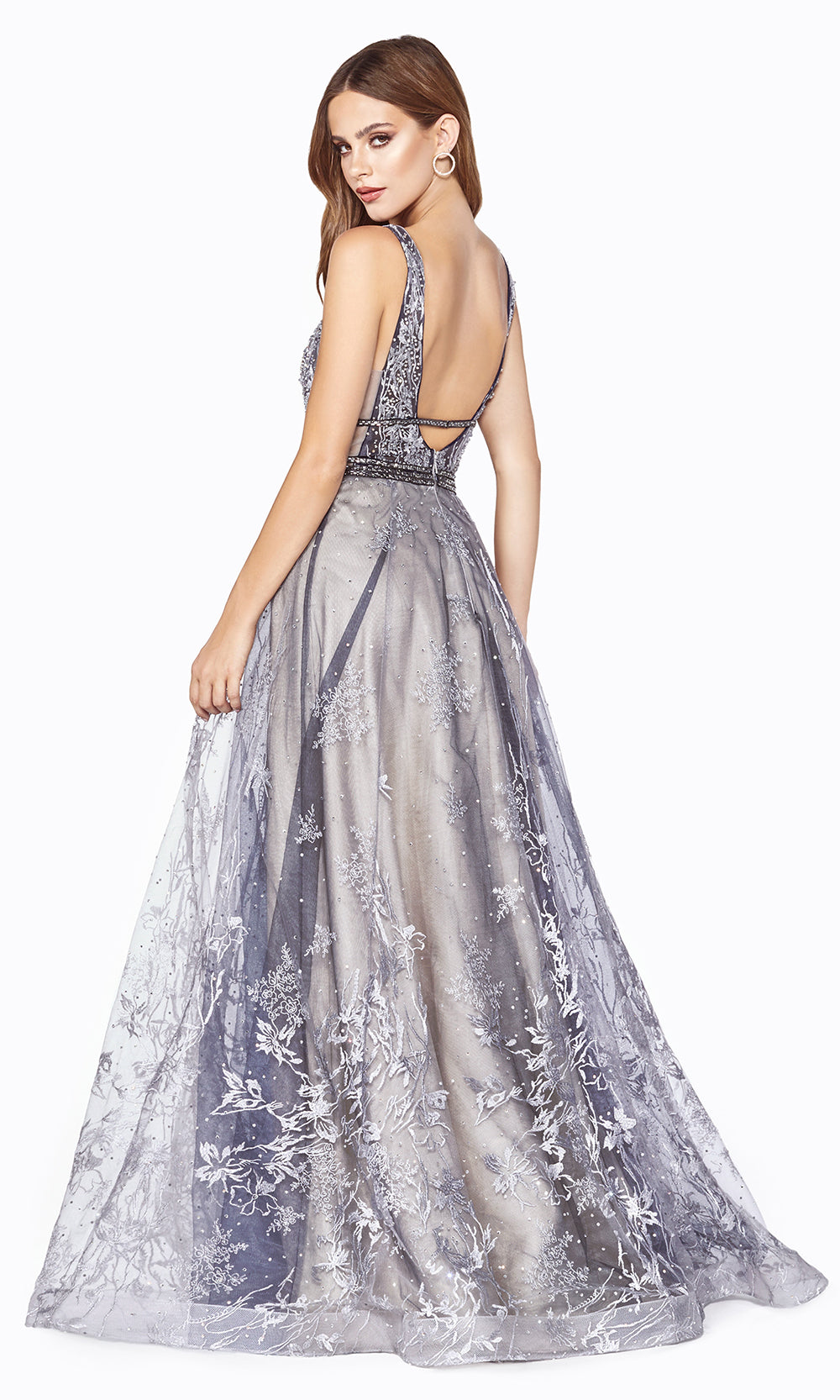 Cinderella CD75 long dusty blue beaded v neck flowy dress with sequin glitter. Perfect for prom, formal wedding guest dress, engagement dress, wedding reception dress, indowestern gown, prom. Plus sizes available. Back of dress.jpg