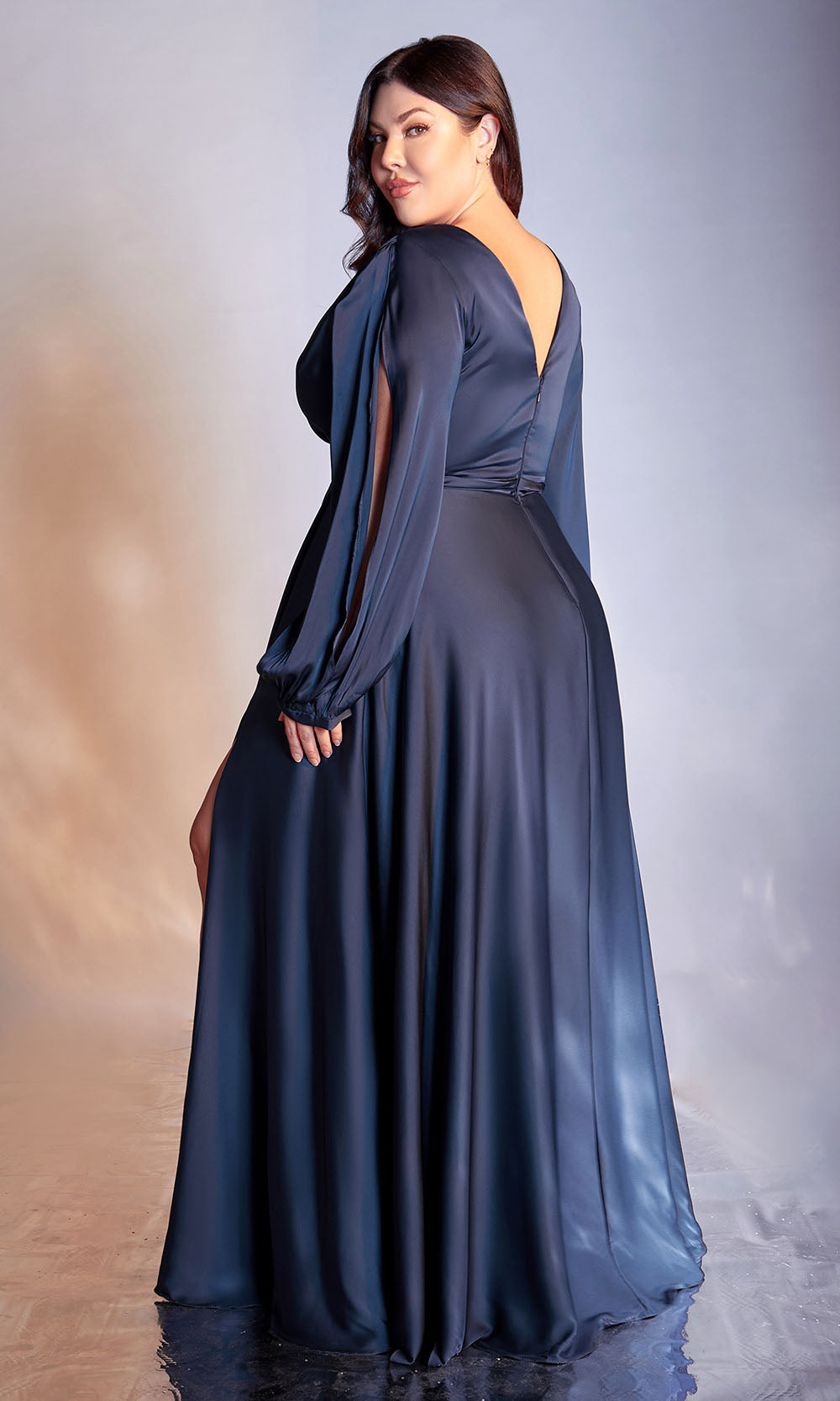 Ladivine - 7475C Plunging Neckline High Slit A-Line Dress In Blue