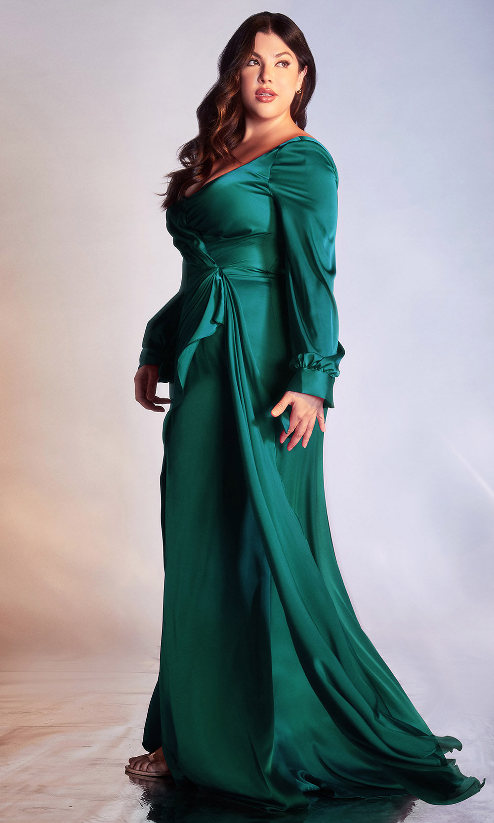 Ladivine - 7478C Long Sleeve High Slit Ruffle A-Line Dress In Green