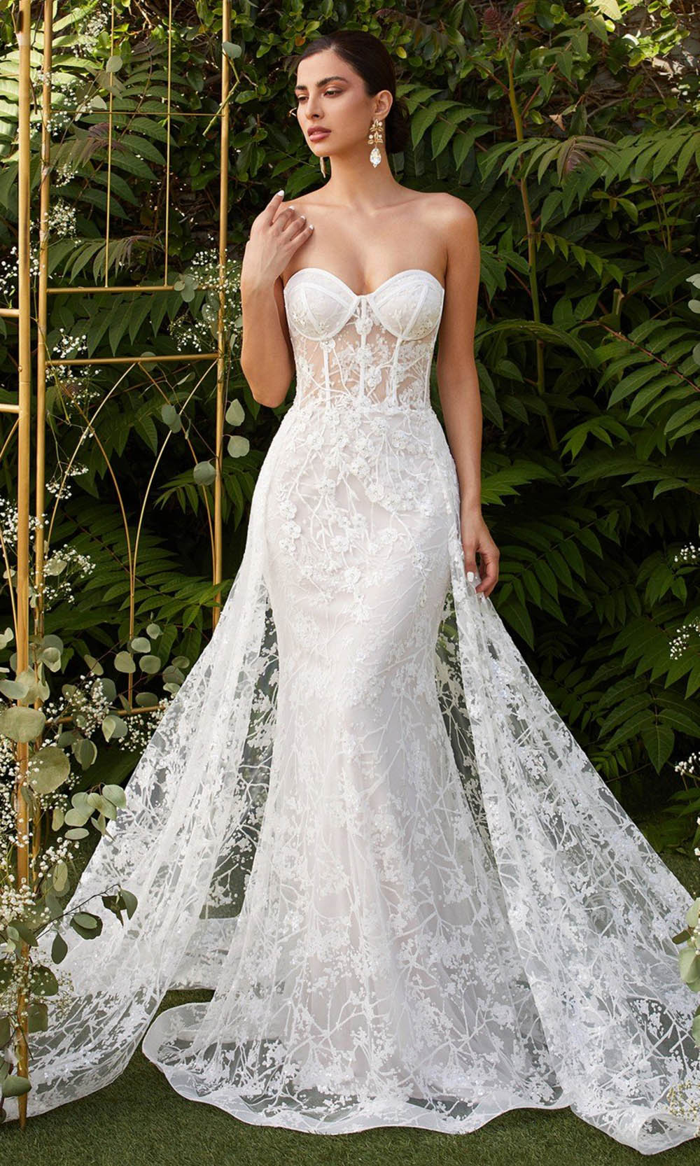 Ladivine - CB046W Lace Overskirt Bridal Gown In White & Ivory