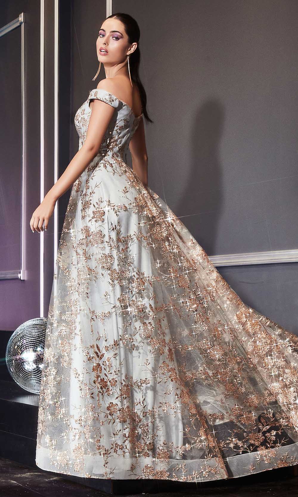 Ladivine - CB069 Embellished Print Off Shoulder Gown In Champagne and Gold