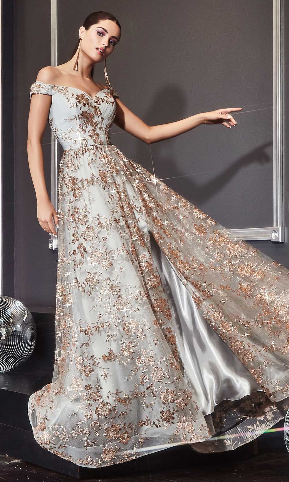 Ladivine - CB069 Embellished Print Off Shoulder Gown In Champagne and Gold
